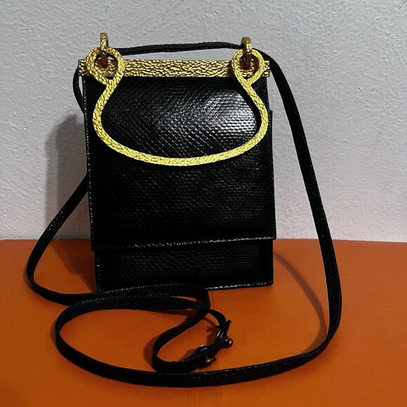 Clara Studio for Asymmetry Vtg Black Lizard Embossed Leather Bag 24K Gold Handle - Picture 2 of 16